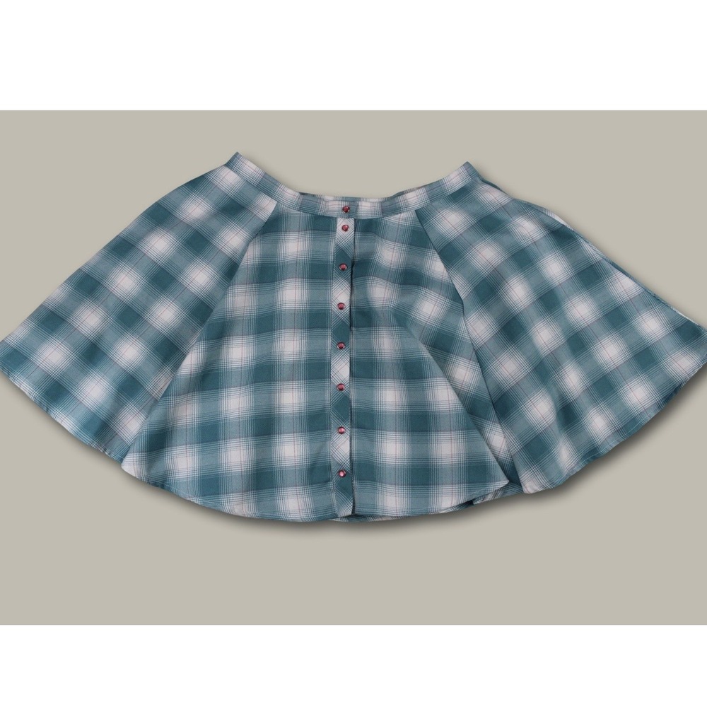 Dixxon Flannel Co. Teal Blue Plaid Skater Circle Skirt Medium Pink Pearl Snaps